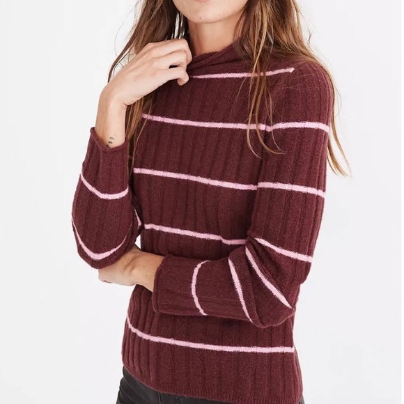 Madewell Maroon & Pink Striped Evercrest Turtleneck Sweater in Coziest Yarn - Picture 1 of 9